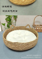 Rattan Weaving Cat Basket Bed With Soft Cushion Round Donut Design