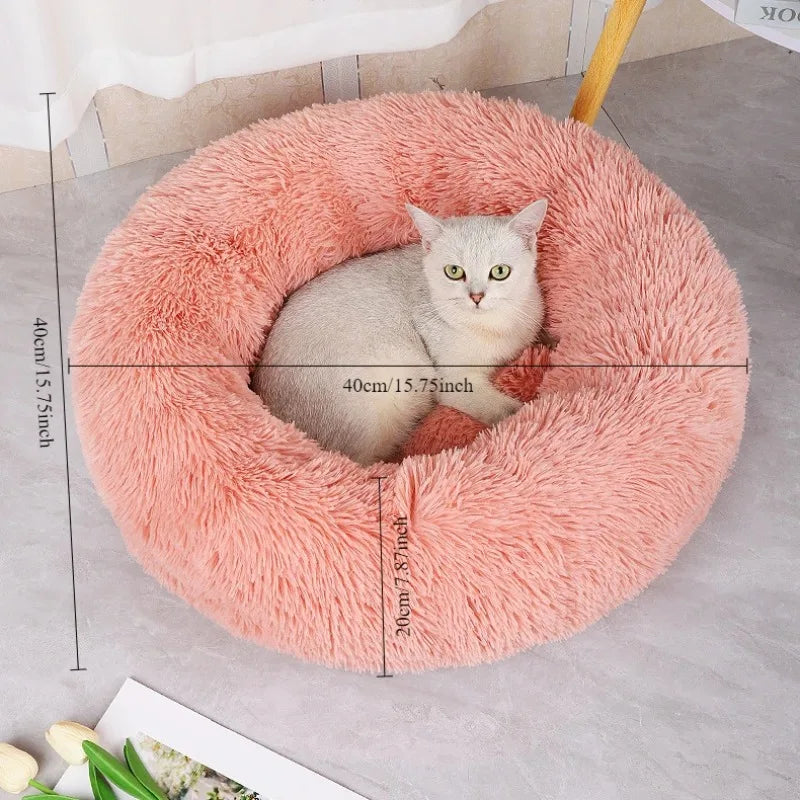 Soft Pet Cat Bed Pad Plush Warm Faux Fur Dog Calm Bed Donut Round