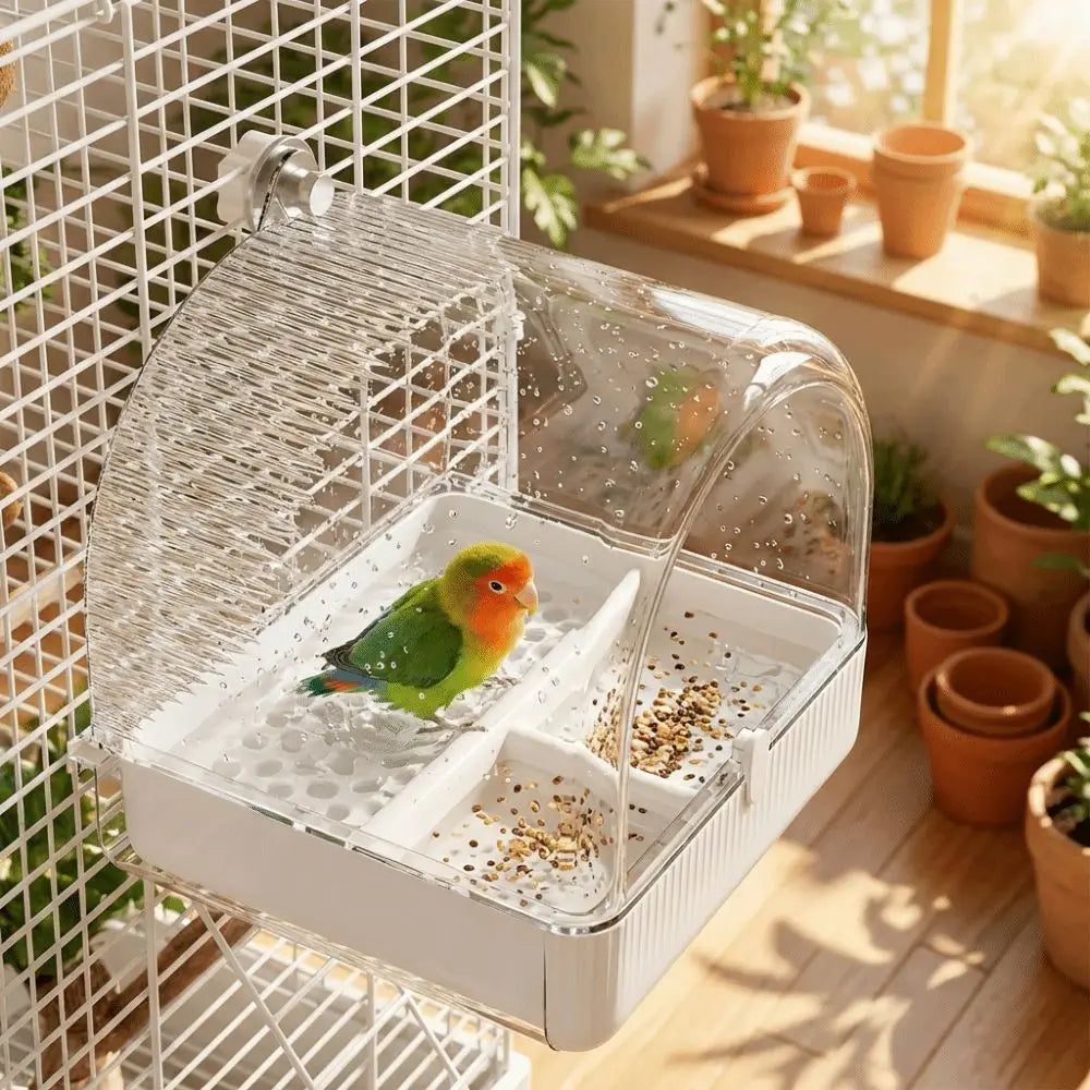Transparent Bird Bath Cage Splash Proof Food Holder Box Bird