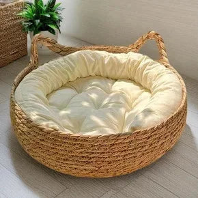 Rattan Weaving Cat Basket Bed With Soft Cushion Round Donut Design
