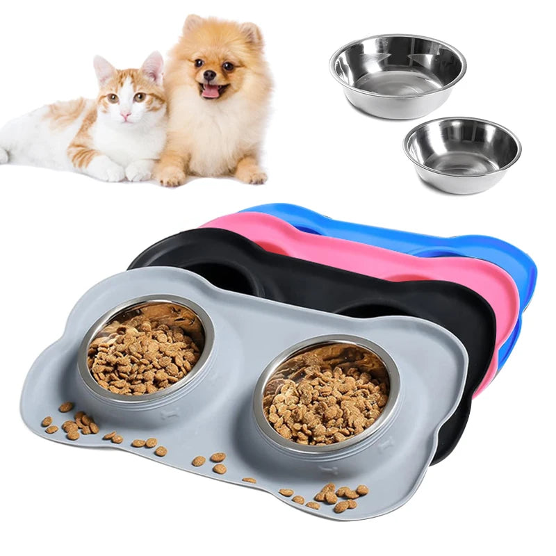 Stainless Steel Pet Dog Feeder Silicone Anti-Spill Cats Dog Double