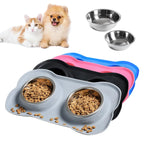 Stainless Steel Pet Dog Feeder Silicone Anti-Spill Cats Dog Double