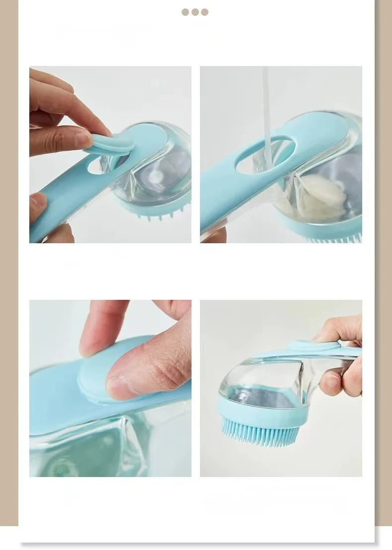 Pet Bath Brush Soft Silicone Long Handle with Shampoo Dispenser