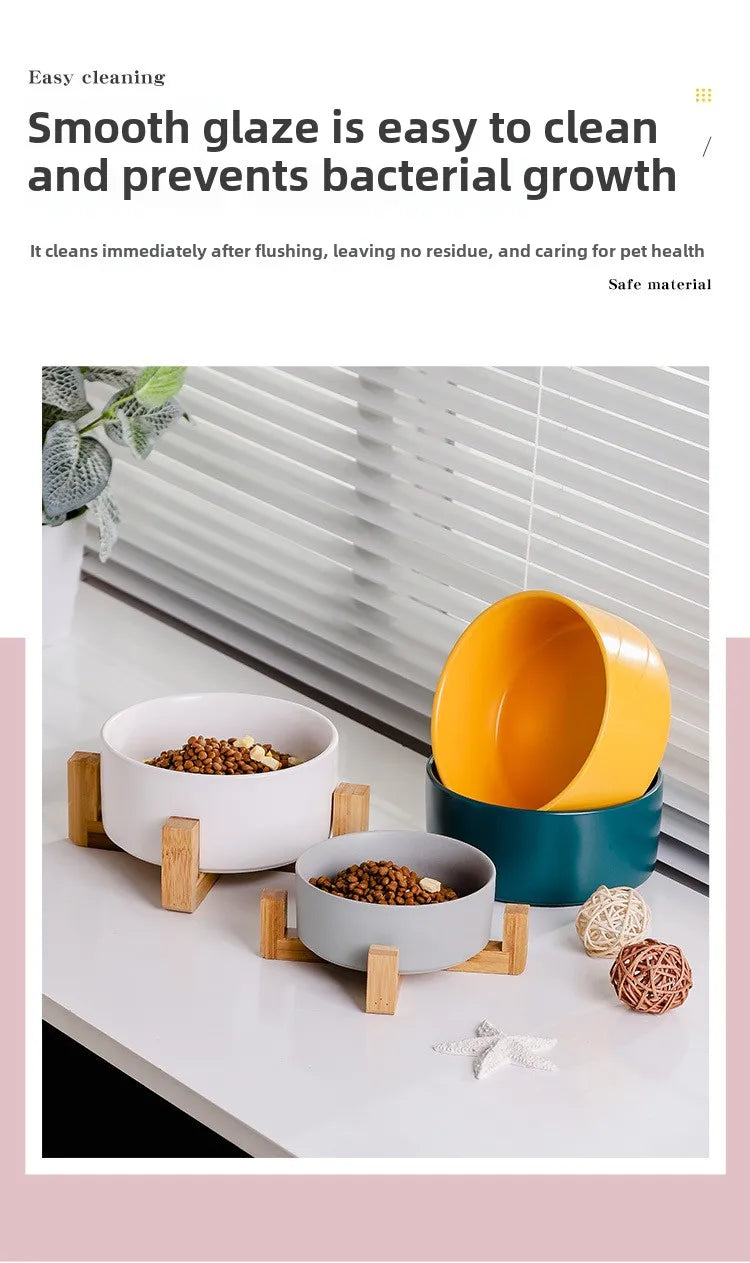 Ceramic Pet Bowl Dish with Wood Stand No Spill Pet Ceramic Double