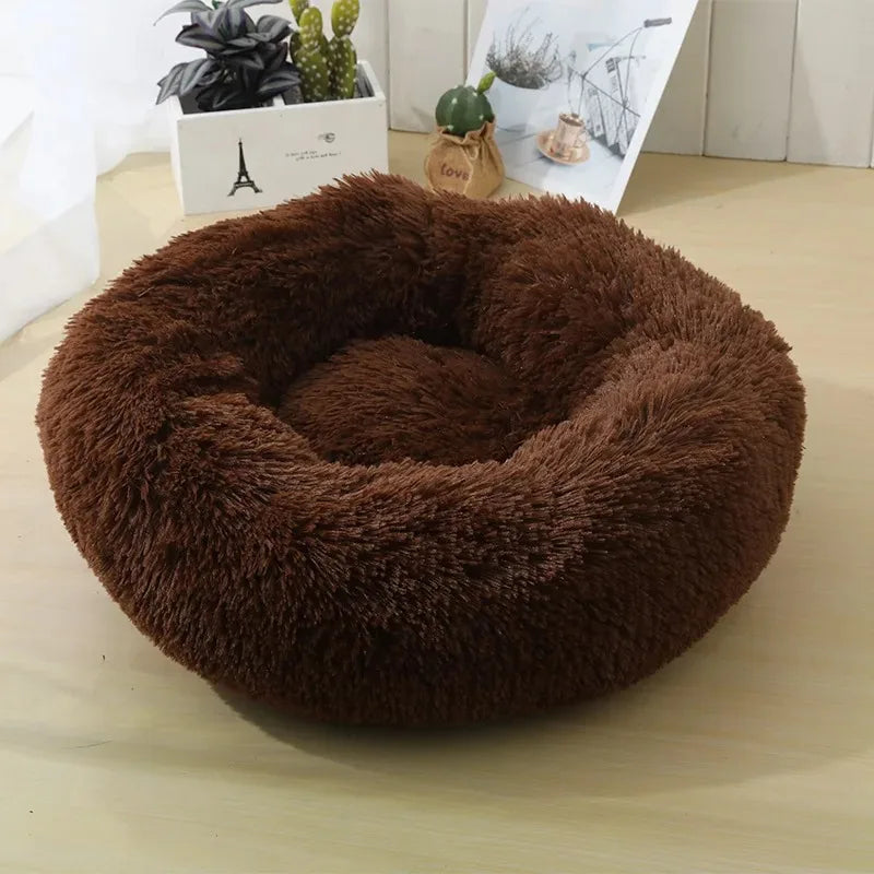 Soft Pet Cat Bed Pad Plush Warm Faux Fur Dog Calm Bed Donut Round