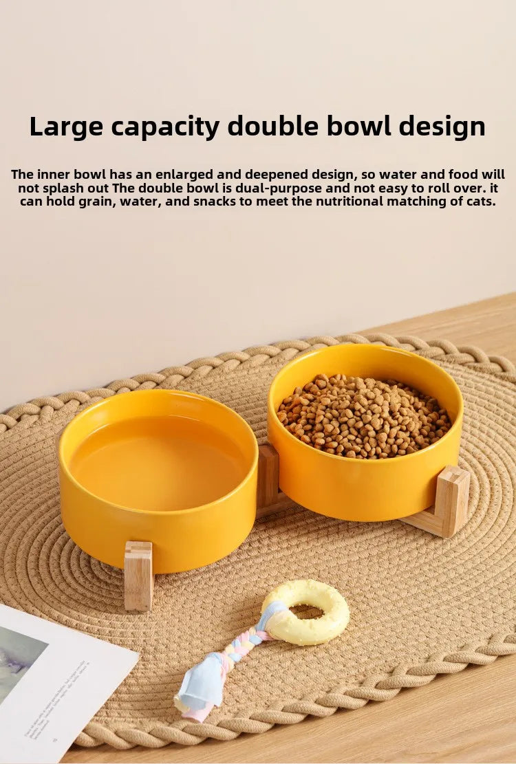 Ceramic Pet Bowl Dish with Wood Stand No Spill Pet Ceramic Double