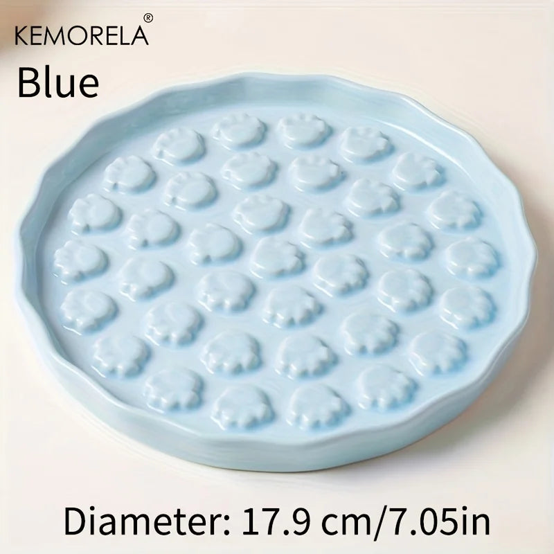 Kemorela Ceramic Slow Feed Cat Bowl - Paw Design Pet Food Dish