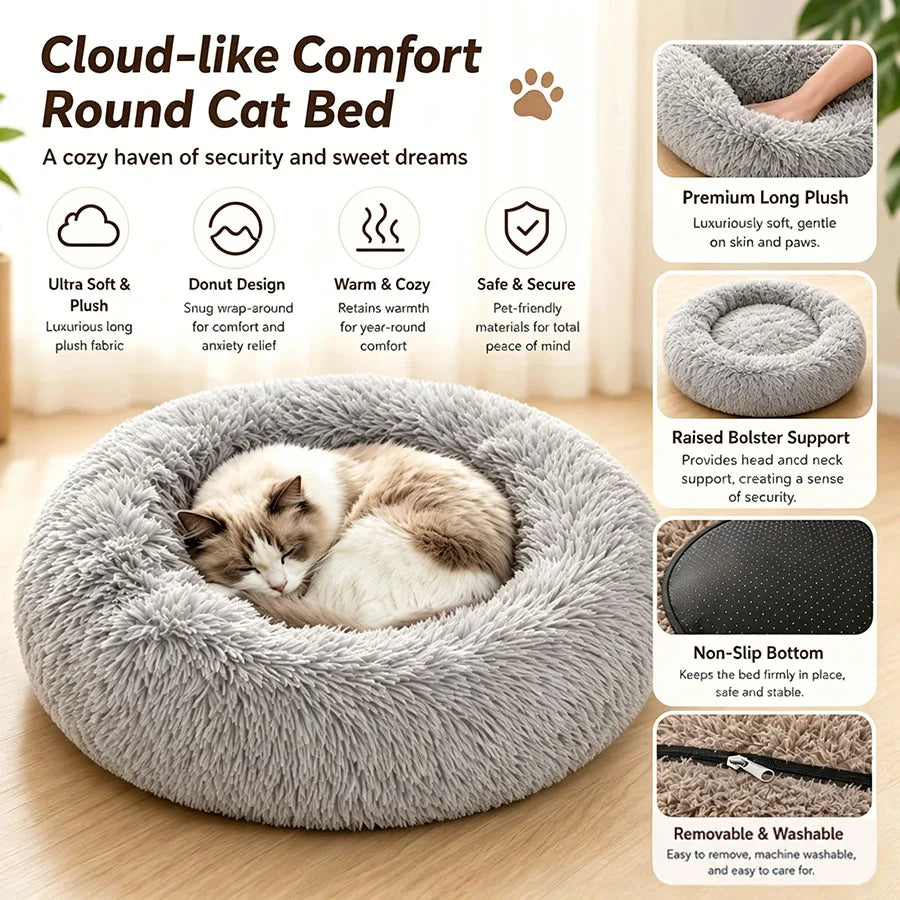 Soft Pet Cat Bed Pad Plush Warm Faux Fur Dog Calm Bed Donut Round