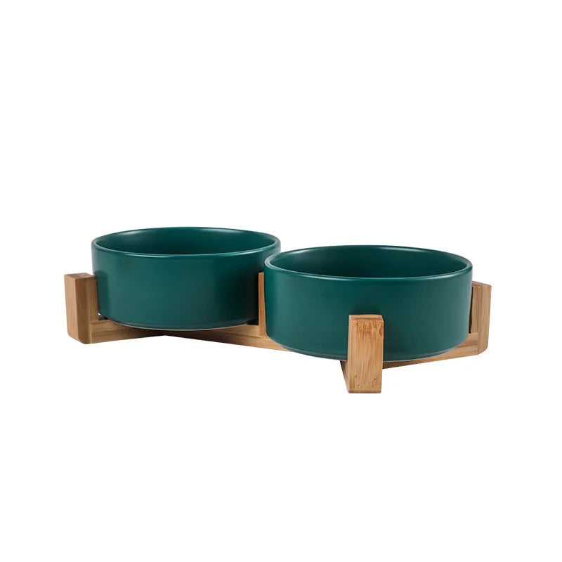 Ceramic Pet Bowl Dish with Wood Stand No Spill Pet Ceramic Double