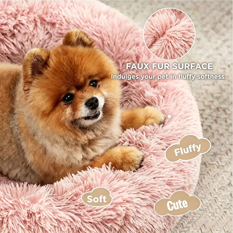 Soft Pet Cat Bed Pad Plush Warm Faux Fur Dog Calm Bed Donut Round