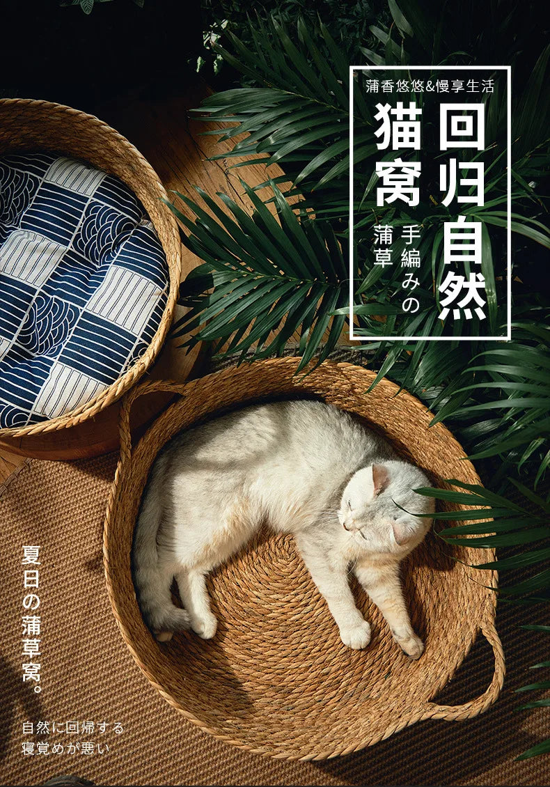 Ouzey Rattan Weaving Basket For Cat Comfortable Sleeping Pet Dog