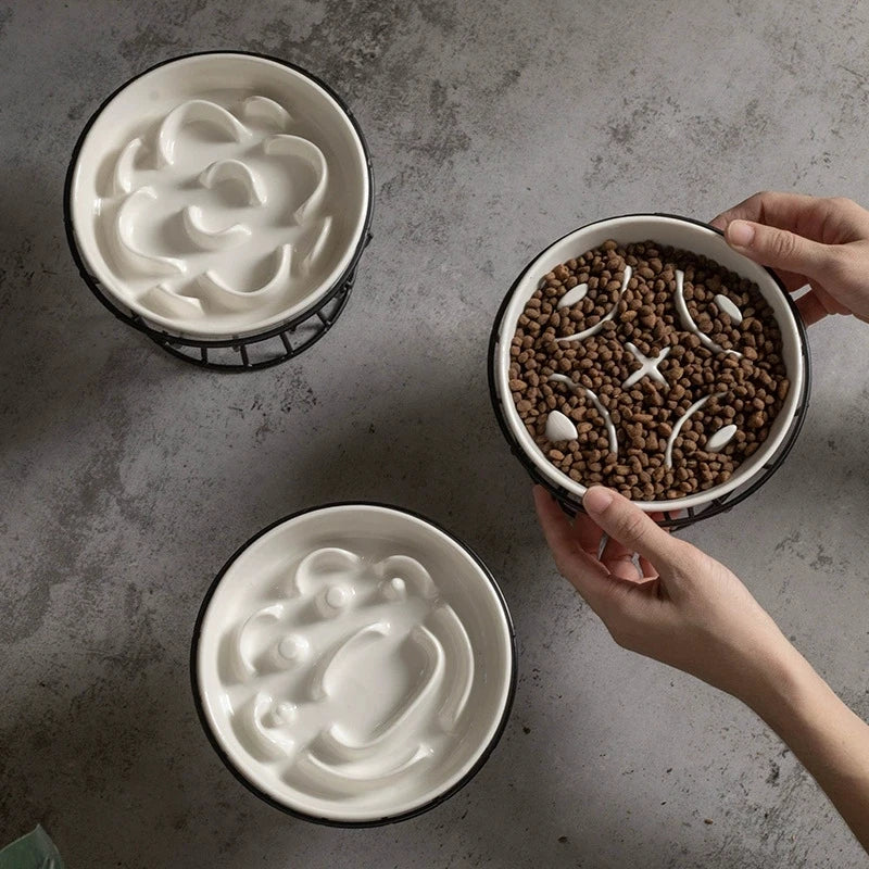 Elevated Ceramic Slow Feeder Bowl for Dogs Cats, Anti-Choking Maze