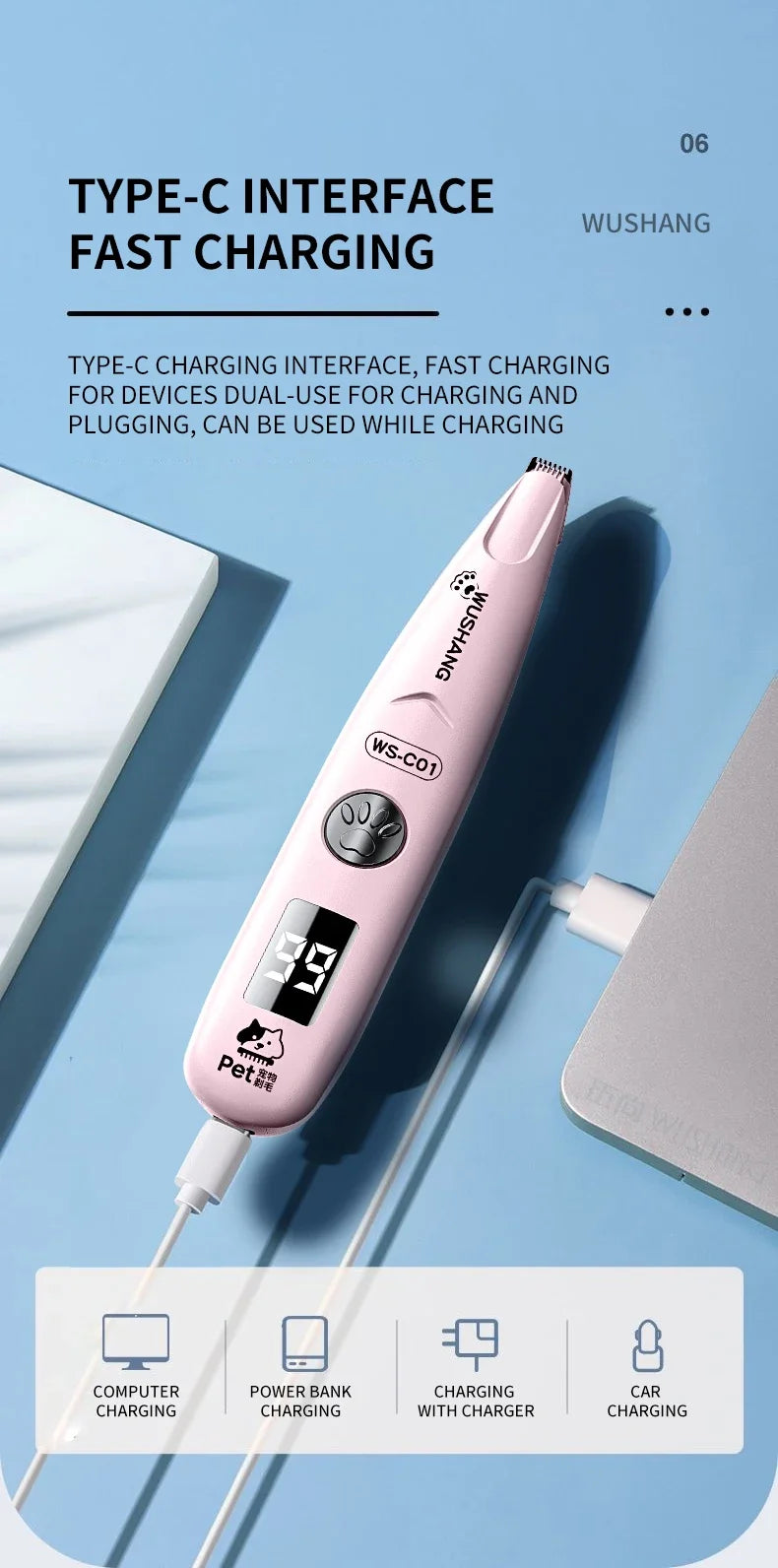 Pet Dog Electric Groomer Trimmer with LED Light Waterproof Pet