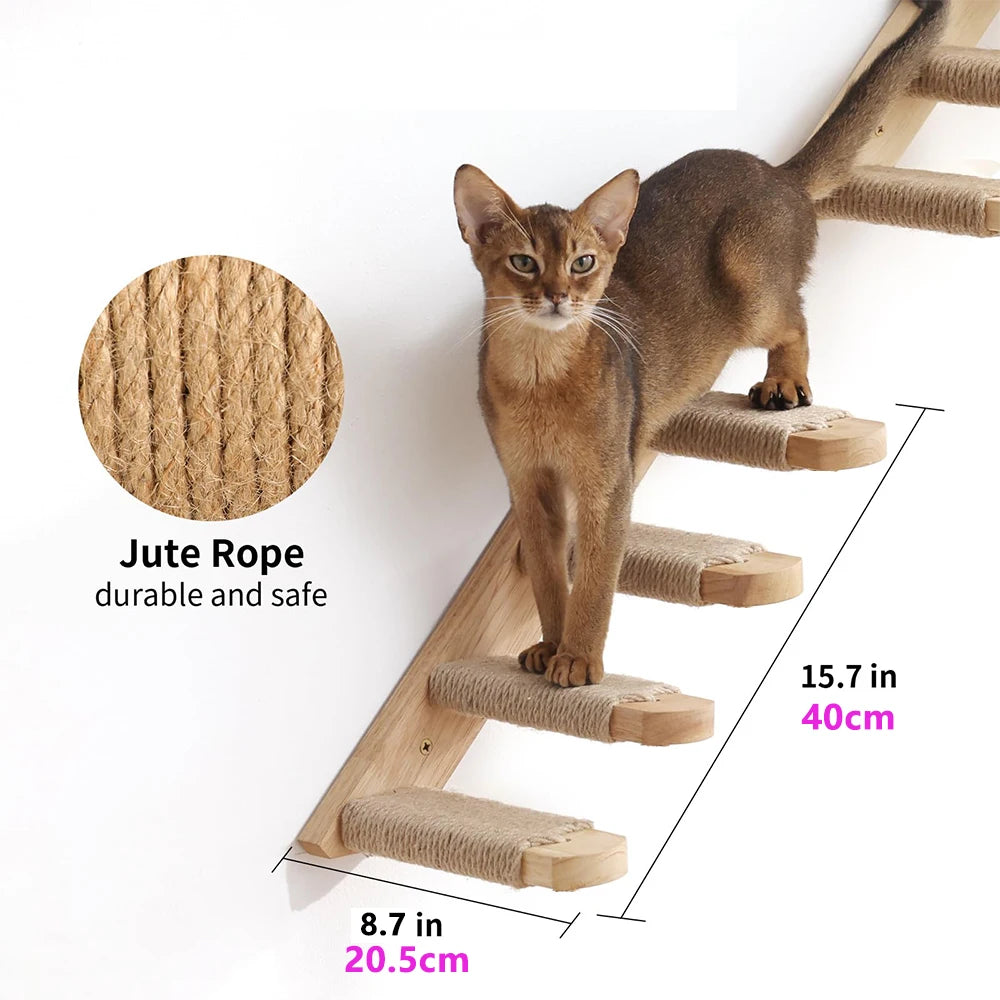 Cat Climbing Stairs Wall Mounted Steps Made of Wood and Sisal Rope