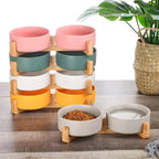 Ceramic Pet Bowl Dish with Wood Stand No Spill Pet Ceramic Double