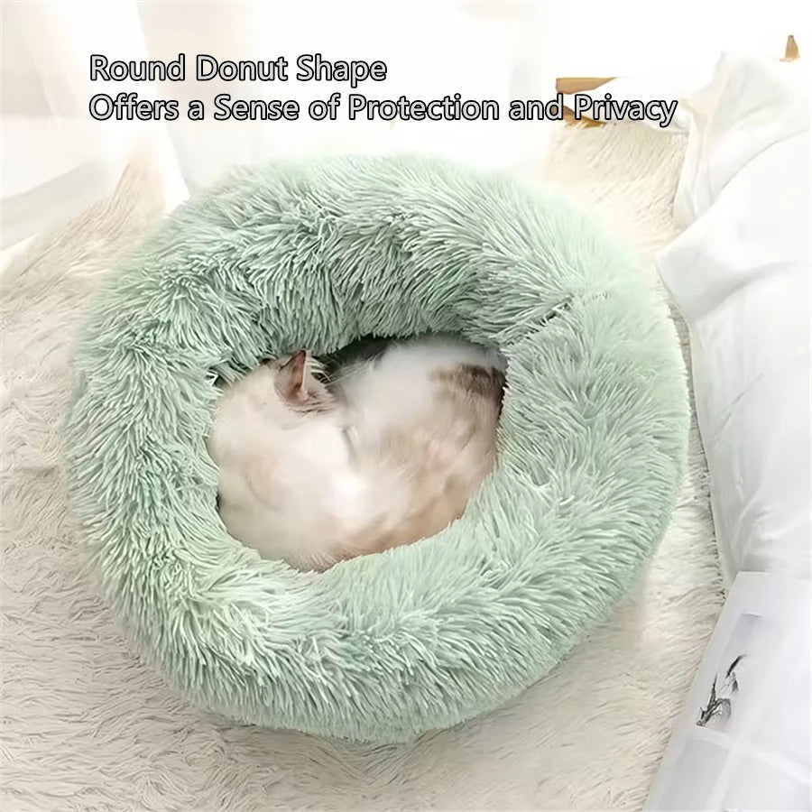 Soft Pet Cat Bed Pad Plush Warm Faux Fur Dog Calm Bed Donut Round