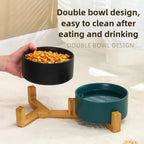 Ceramic Pet Bowl Dish with Wood Stand No Spill Pet Ceramic Double