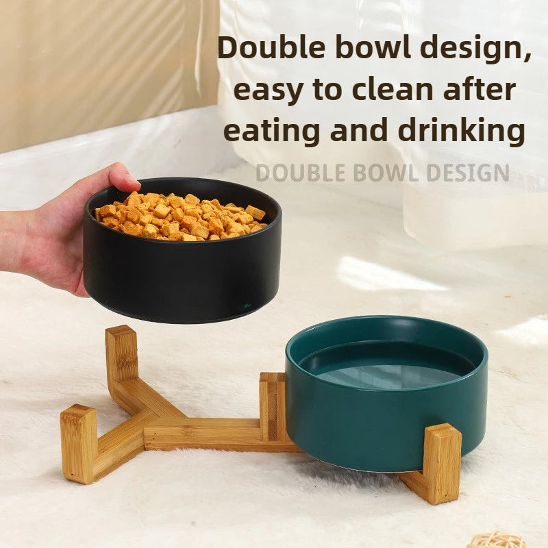 Ceramic Pet Bowl Dish with Wood Stand No Spill Pet Ceramic Double