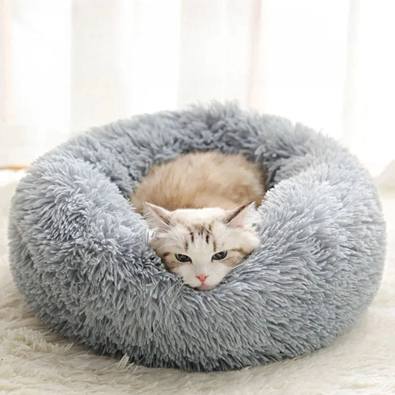 Soft Pet Cat Bed Pad Plush Warm Faux Fur Dog Calm Bed Donut Round
