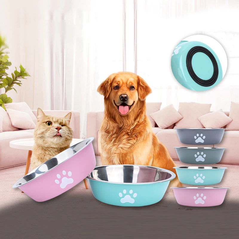 Stainless Steel Dog Bowl with Paw Print Design