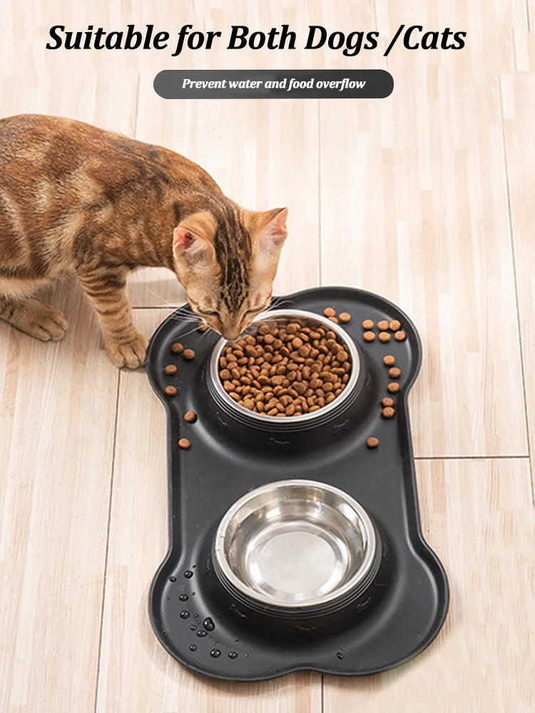 Stainless Steel Pet Dog Feeder Silicone Anti-Spill Cats Dog Double