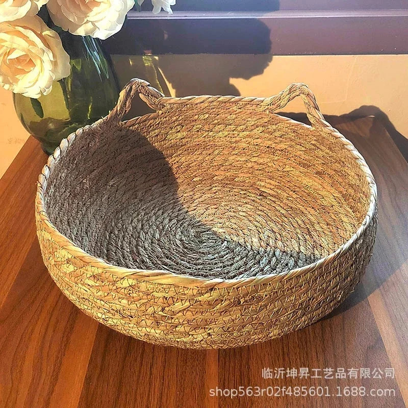 Rattan Weaving Cat Basket Bed With Soft Cushion Round Donut Design
