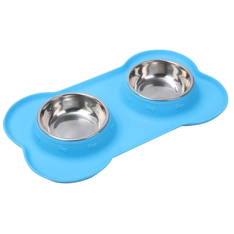 Stainless Steel Pet Dog Feeder Silicone Anti-Spill Cats Dog Double