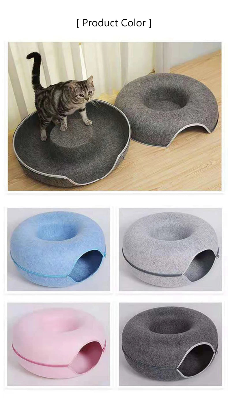 Donut Cat Tunnel Bed Pets House Natural Felt Pet Cat Cave