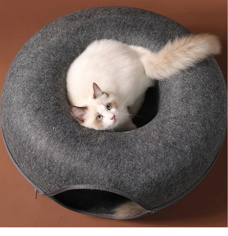 Donut Cat Tunnel Bed Pets House Natural Felt Pet Cat Cave
