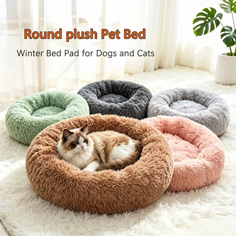 Soft Pet Cat Bed Pad Plush Warm Faux Fur Dog Calm Bed Donut Round