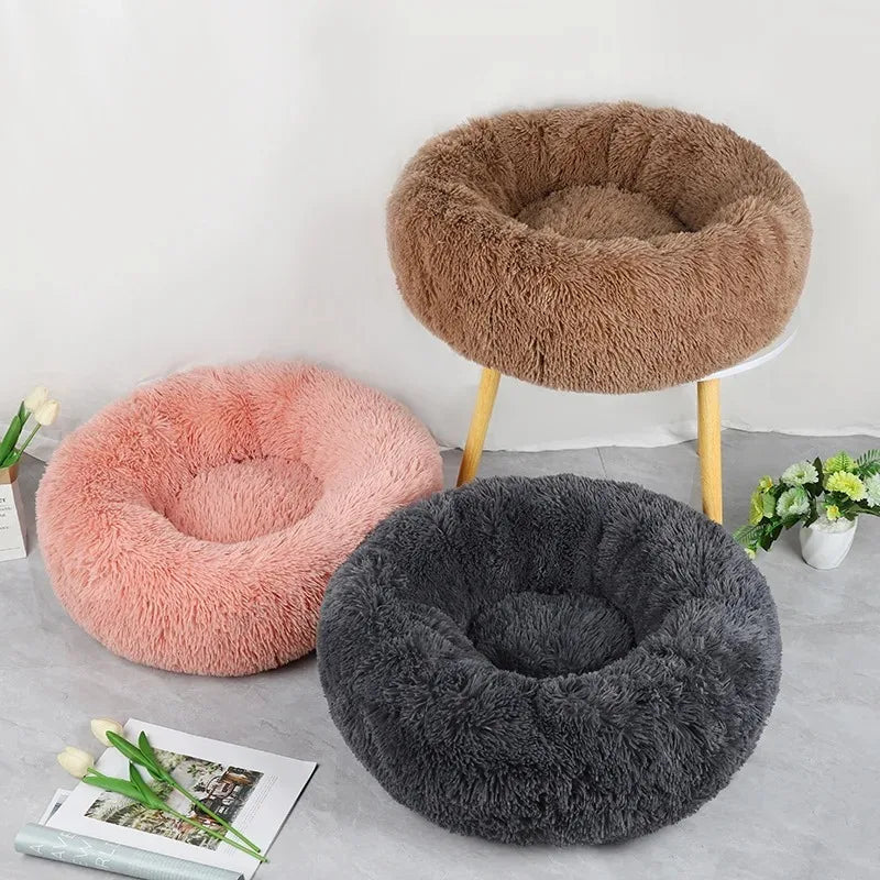 Soft Pet Cat Bed Pad Plush Warm Faux Fur Dog Calm Bed Donut Round
