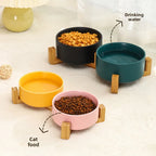 Ceramic Pet Bowl Dish with Wood Stand No Spill Pet Ceramic Double