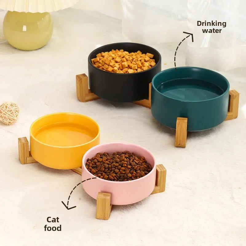 Ceramic Pet Bowl Dish with Wood Stand No Spill Pet Ceramic Double