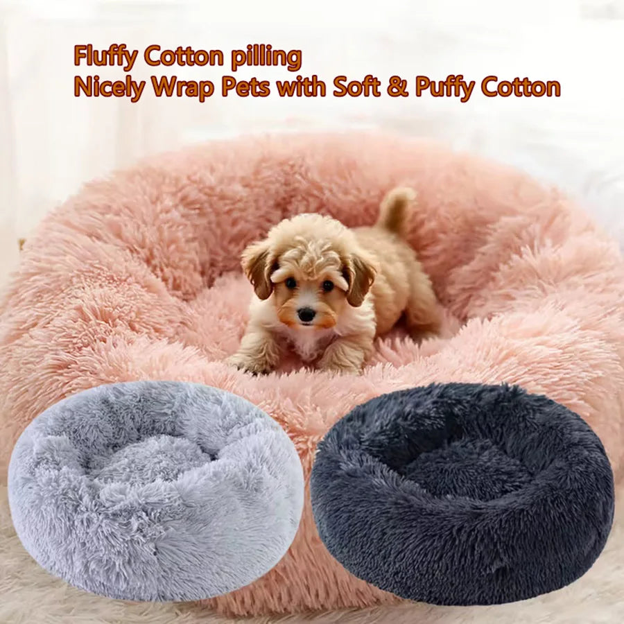 Soft Pet Cat Bed Pad Plush Warm Faux Fur Dog Calm Bed Donut Round