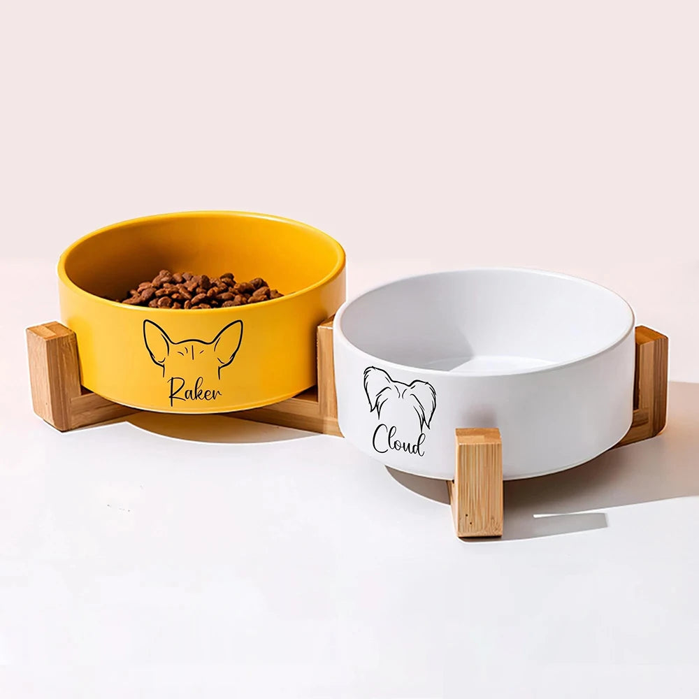 Custom Ceramic Pet Bowl Dish with Wood Stand Dog Cat Bowl with
