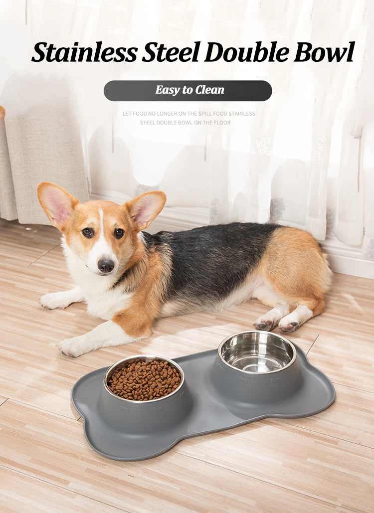 Stainless Steel Pet Dog Feeder Silicone Anti-Spill Cats Dog Double