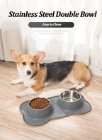 Stainless Steel Pet Dog Feeder Silicone Anti-Spill Cats Dog Double