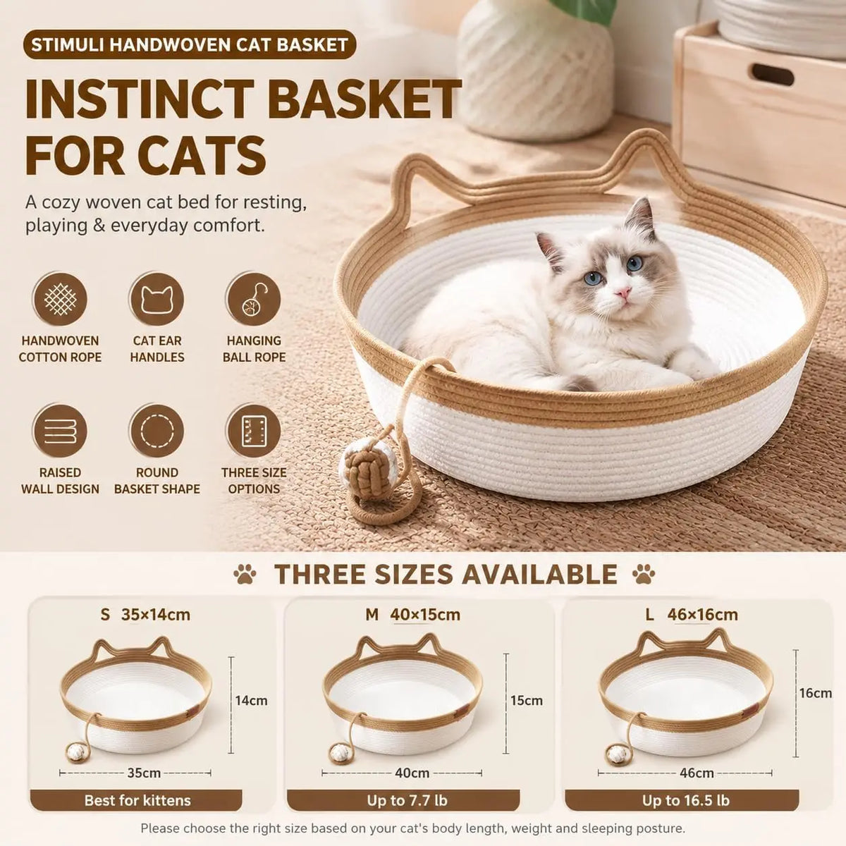 Cat Instinct Basket - Hand-Woven Cotton Rope Fun Bed, Equipped
