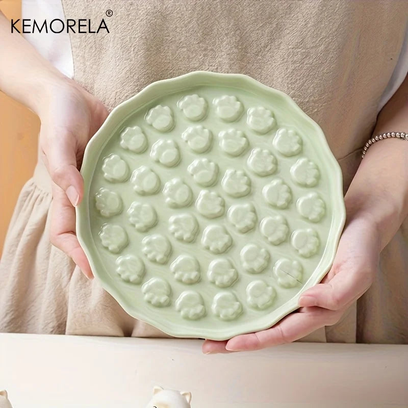 Kemorela Ceramic Slow Feed Cat Bowl - Paw Design Pet Food Dish