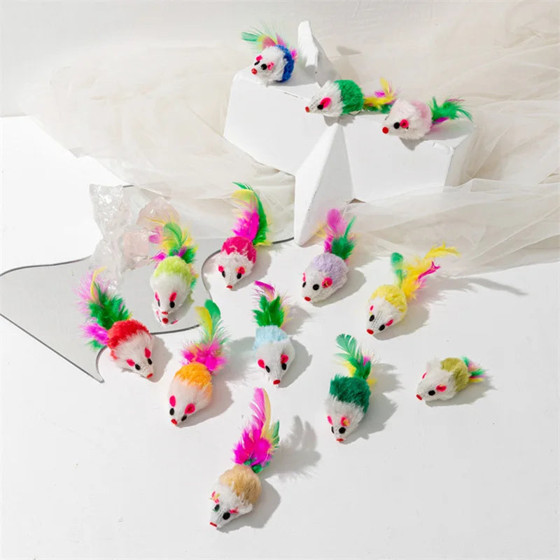Pet Cat Toys Rabbit Fur False Mouse Feather Rainbow Mouse Toy