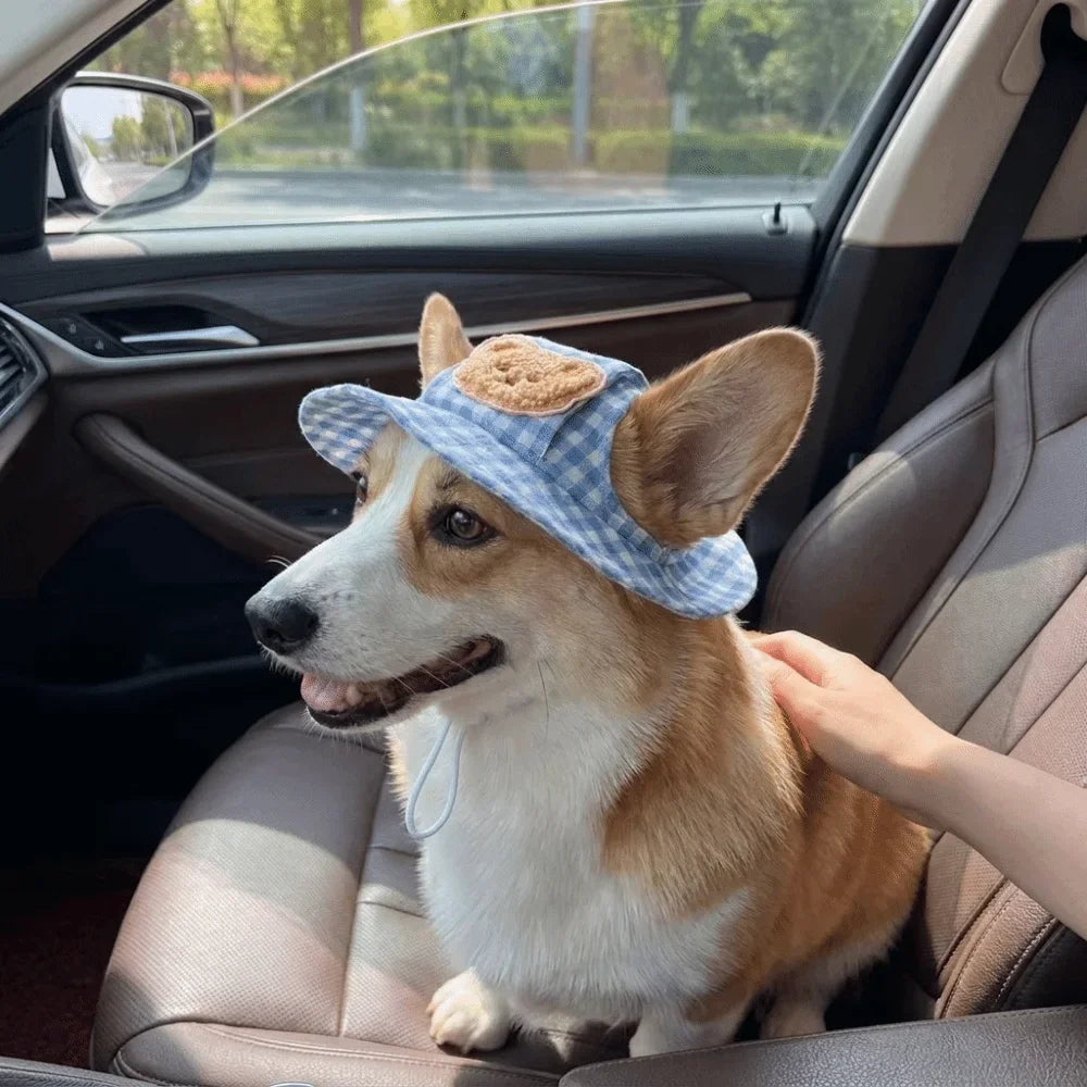 Breathable Pet Bucket Hat Adjustable Plaid Print Dog Sunshade Hat