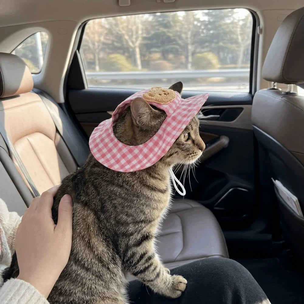 Breathable Pet Bucket Hat Adjustable Plaid Print Dog Sunshade Hat