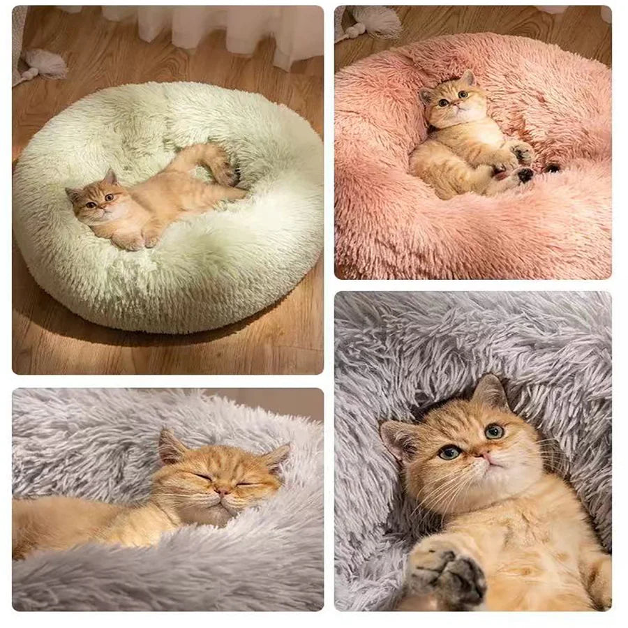 Soft Pet Cat Bed Pad Plush Warm Faux Fur Dog Calm Bed Donut Round