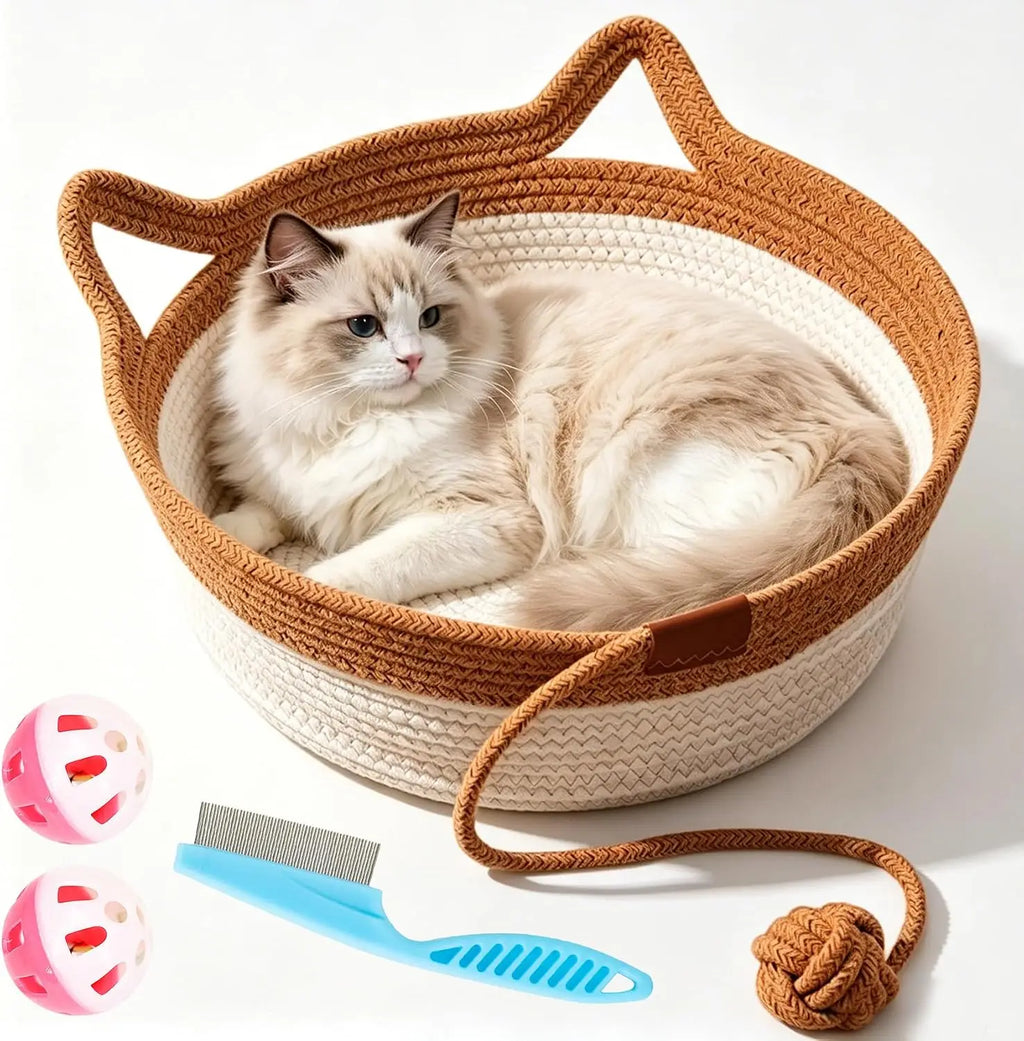 Cat Instinct Basket - Hand-Woven Cotton Rope Fun Bed, Equipped