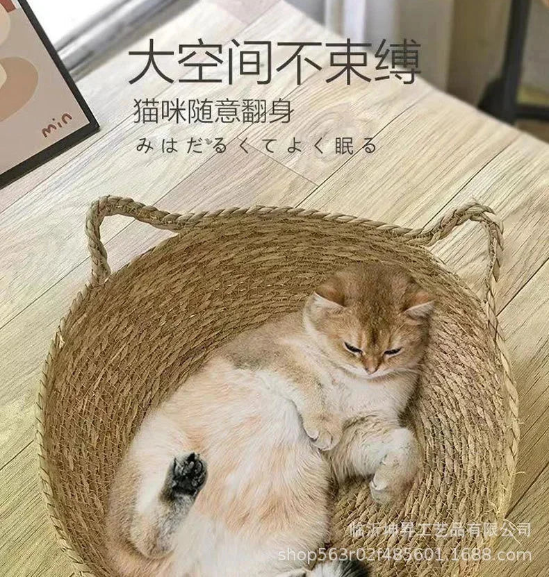 Rattan Weaving Cat Basket Bed With Soft Cushion Round Donut Design
