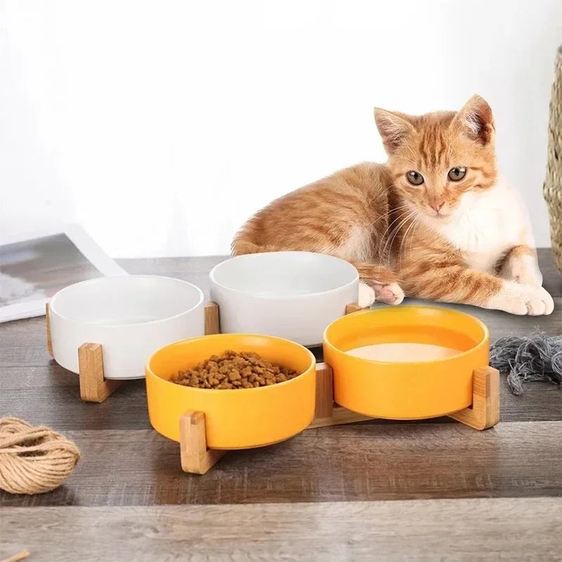 Ceramic Pet Bowl Dish with Wood Stand No Spill Pet Ceramic Double