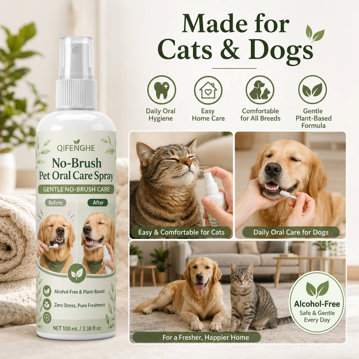 Pet Breath Freshener Spray for Dogs & Cats, No Brushing Needed, Plant-Based & Alcohol-Free, Fresh Oral Care.