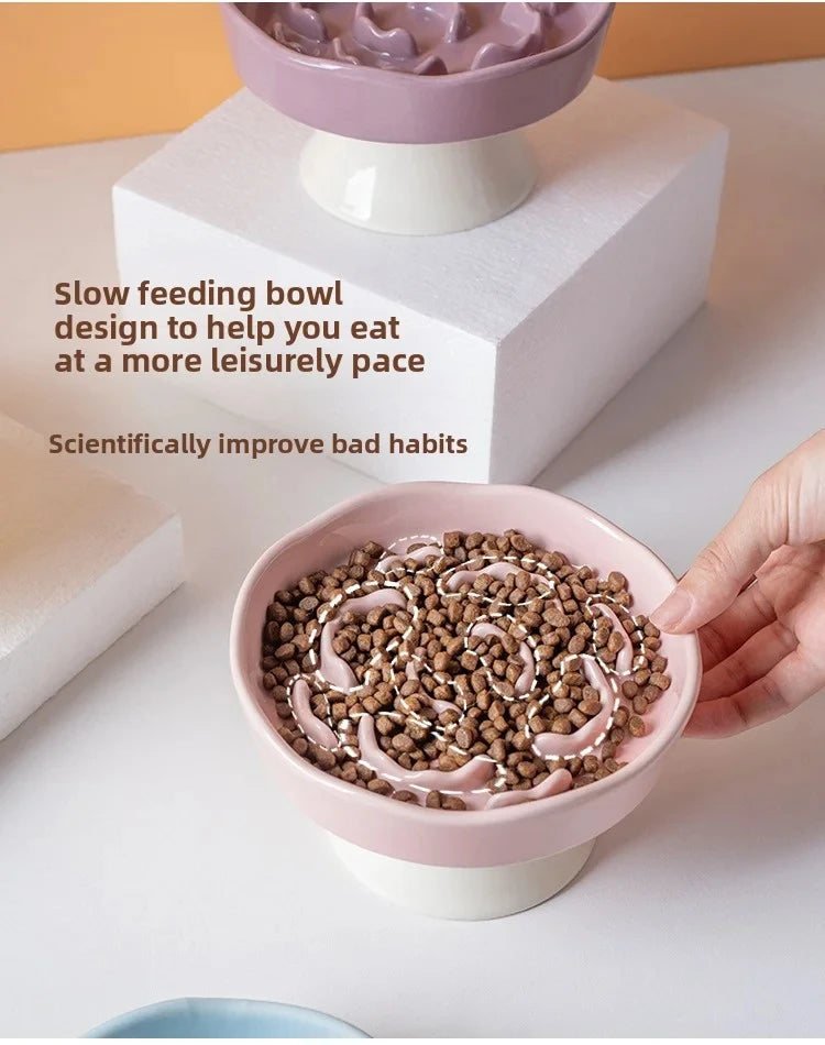 Ceramic Slow-Feeding Bowl High-Leg Cat Bowl with Neck Protection