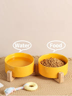 Ceramic Pet Bowl Dish with Wood Stand No Spill Pet Ceramic Double