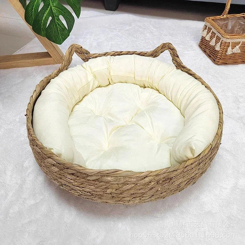 Rattan Weaving Cat Basket Bed With Soft Cushion Round Donut Design